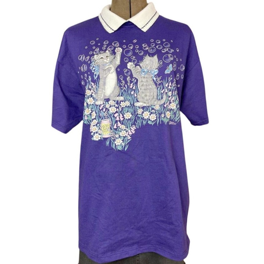 Vintage Purple Kittens Polo Shirt Womens (L) Grandma Cottage USA Coastal Cats